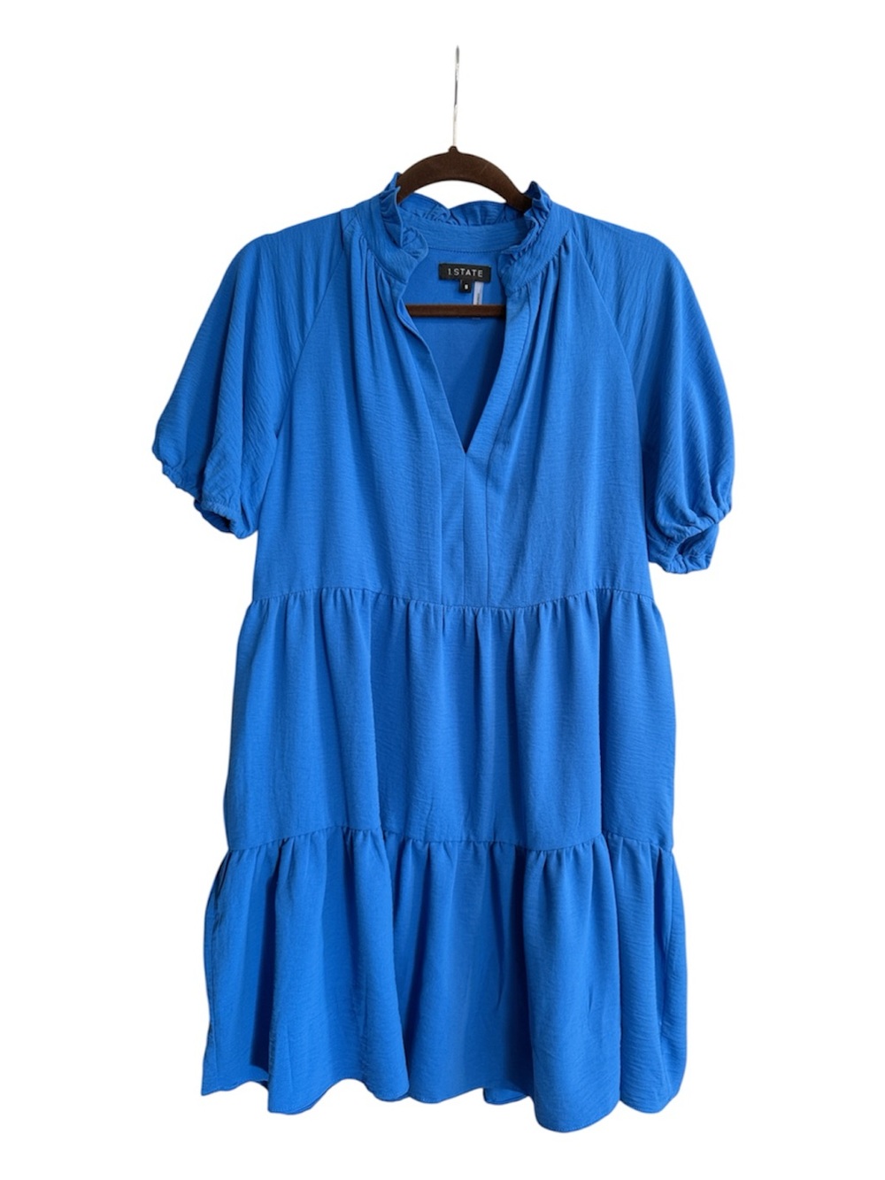 1.STATE Cobalt Blue Ruffle Neck Tiered Dress